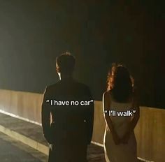 a man and woman standing next to each other in front of a dark background with the words i have no car if i'll walk