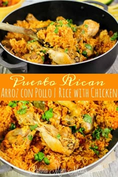 two pans filled with rice and chicken