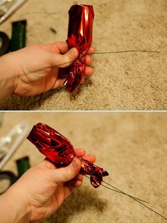 two pictures of someone holding something in their hand and the other showing it's red foil