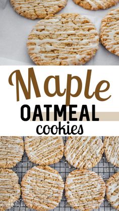 maple oatmeal cookies on a cooling rack with the words maple oatmeal cookies