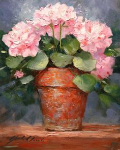 a painting of pink flowers in a red vase