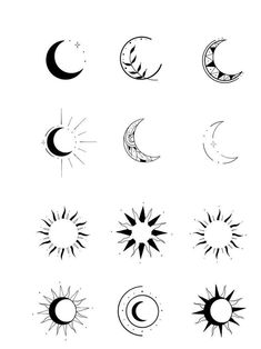 the sun, moon and stars are drawn in black ink