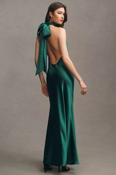 Sau Lee Penelope High-Neck Backless Satin Gown | Anthropologie High Neck Gown, Sau Lee, Backless Gown, Creative Services, Halter Gown, Exclusive Dress, Wedding Sale, Satin Gown, Dresses Backless