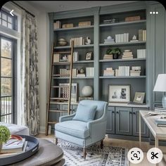 a living room filled with furniture and bookshelves next to a large open window