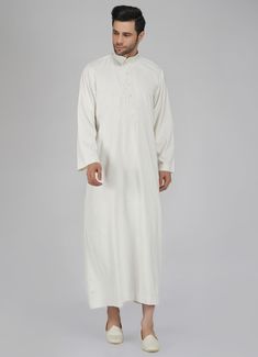 Elegant off white polyester jubba comes with front opening and matching off-white colour resham threadwork on the collar and around the placket. It comes with full sleeves. Thobes Men, Indian Clothing Brands, Ethnic Wear Indian, Indian Clothing, White Colour, Off White Color, Full Sleeves, Ethnic Wear, Asian Fashion