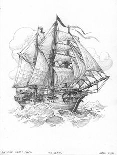 Sail Ship Art, Drawing Pirate Ship, Mark Zug Art, Pirate Ships Drawings, How To Draw Ship, Ship Wreck Drawing, How To Draw A Ship, Ship Pencil Drawing, Old Ship Drawing