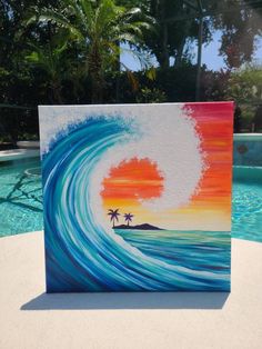 an acrylic painting of a wave crashing in front of a swimming pool with palm trees