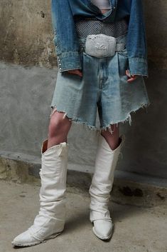 Mid Cowboy Boot with Denim Sleeve - Blue and White Cowboy Boots With Shorts, Baggy Shorts Women, Oversized Denim Shorts, R13 Denim, Luxury Jeans, Designer Jeans For Women, Japanese Selvedge Denim, Vintage Indigo, Short Denim