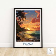 a framed poster with the name jamaica on it in front of a white wall and wooden floor