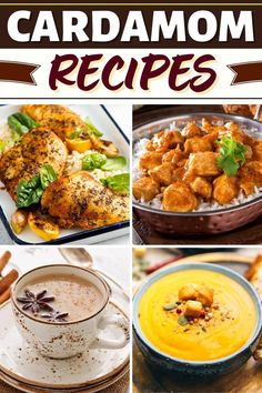 there are pictures of different foods and drinks in this collage with the words cardamom recipes