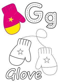 the letter g is for glove coloring page with an image of a hat and gloves