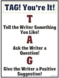 a poster with the words tag you're it tell the writer something you like ask the writer a question give the writer a positive suggestion