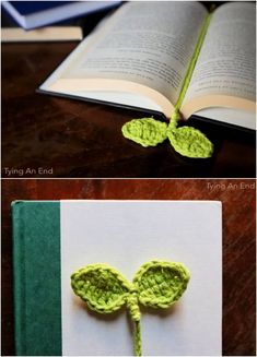 crocheted bookmarks made to look like flowers are shown in three different ways