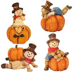 three ceramic pumpkins decorated with scarecrows and hats