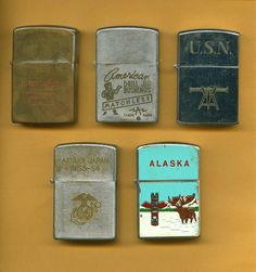 four different types of lighters are displayed on a yellow background with the words alaska written below them