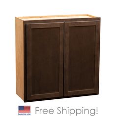 a brown cabinet with the words free shipping on it and an american flag in the background