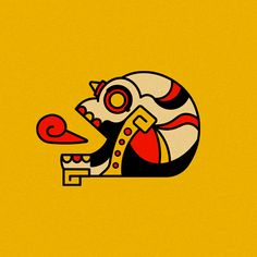 an image of a stylized animal on a yellow background with red, white and black colors