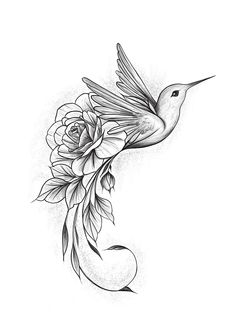 a black and white drawing of a humming bird with flowers