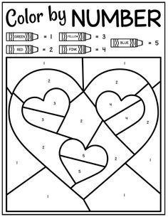 the color by number page for valentine's day with two hearts and numbers on it