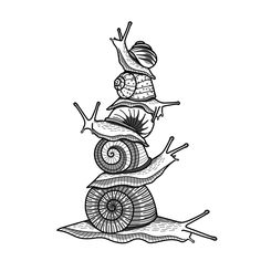 a black and white drawing of a snail on top of a piece of wood with knitting needles