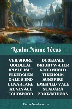 an image of a poster with the names of different places in it, including mountains and waterfalls