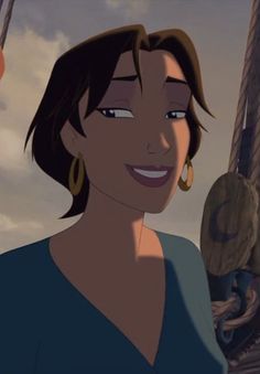 an animated image of a woman smiling in front of a pirate's ship with the sky and clouds behind her