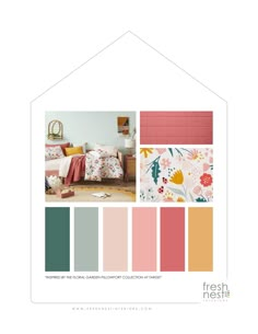 the color scheme for this bedroom is peach, pink and green with flowers on it