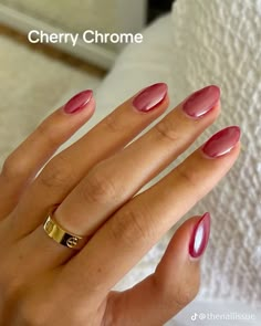 Nail Inspo Trendy Chrome, Simple Christmas Nails Chrome, Short Coloured French Tips, Short Gold Chrome Nails, December 2024 Nails, Pink Chrome Short Nails, Mail Inspo 2024, French Tip Nails Cherry, Cherry Red Chrome Nails