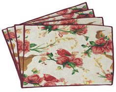 Tache Floral Red Roses Birds Woven Tapestry Placemat Set of 4 (18109) - Tache Home Fashion Burgundy Colour, Finches, Christmas Placemats, Country Style Homes, Woven Texture