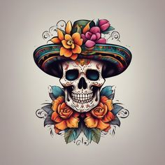 a skull wearing a sombrero with flowers on it