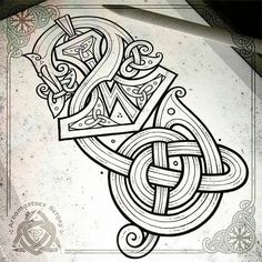 an artistic tattoo design in black and white with the letter s on it's side