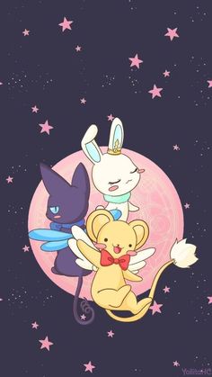 three cartoon characters are flying in the air with stars around them and one is holding an animal