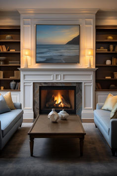 a living room filled with furniture and a fire place in front of a painting on the wall