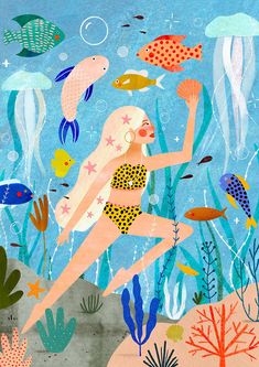 a painting of a woman swimming in the ocean surrounded by fish and seaweeds