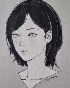 a black and white drawing of a woman's face with short hair, wearing a collared shirt