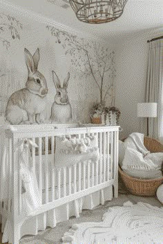 a baby's room decorated in white and gray with rabbits on the wall next to the crib