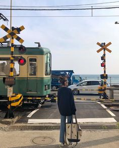 a woman holding a suitcase standing in front of a train on the tracks next to an ocean