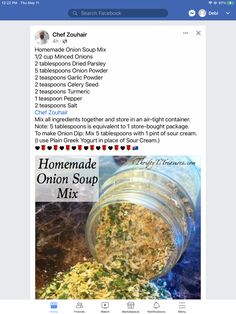 the recipe for homemade onion soup in a jar is shown on an instagram page