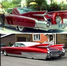 two pictures of classic cars in different stages of being painted red, white and silver