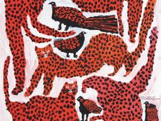 an art work with red and black animal designs on it's sides, including two birds