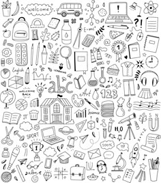 a black and white drawing of school supplies