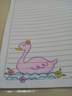 a drawing of a pink flamingo with flowers on it's head and lined paper in the background