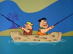 two cartoon characters are in a boat on the water, one is holding a fishing rod