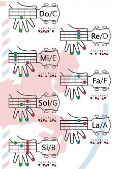 the guitar tabs are labeled in red, white and blue