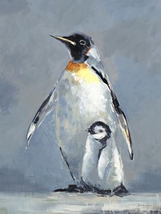 an oil painting of a penguin and its chick on a gray background with blue sky in the background