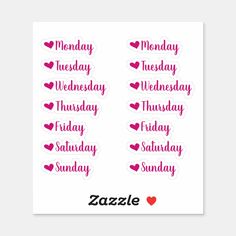 the words monday, wednesday and friday written in pink ink on white paper with hearts