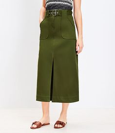 A belted waist and utility-chic pockets fresh up this long, flowing structured woven skirt with modern attitude. Front zip with button closure. Belt loops with adjustable buckle self belt. Front patch pockets. Front slit.,Imported:Imported,Length:36" long,Fabrication:98% Cotton 2% Spandex,Garment Care:Machine Washable Loft Tall Midi Utility Pocket Skirt Size 4 Valiant Green Women's by Loft Size Regular - 4 Valiant Green Women's Midi/Maxi, Skirt, 98%, Cotton, 2%, Spandex, Machine, Washable Green Pencil Skirts, Skirts Casual, Pocket Skirt, Cotton Midi Skirt, The Producers, Tall Dresses, Petite Skirt, Professional Attire, Midi Skirt Pencil