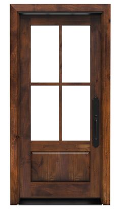 a wooden door with glass on the side