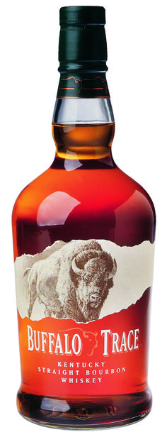 a bottle of buffalo trace bourbon whiskey on a white background with an image of a bison