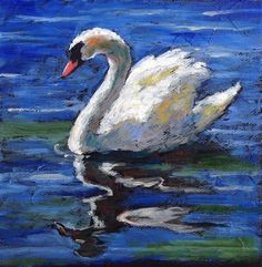 a painting of a white swan floating on top of the water with blue skies in the background